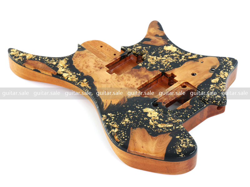 One-of-a-Kind Burl Wood Veneer Epoxy Resin Headless Electric Guitar Body (HBE-034)