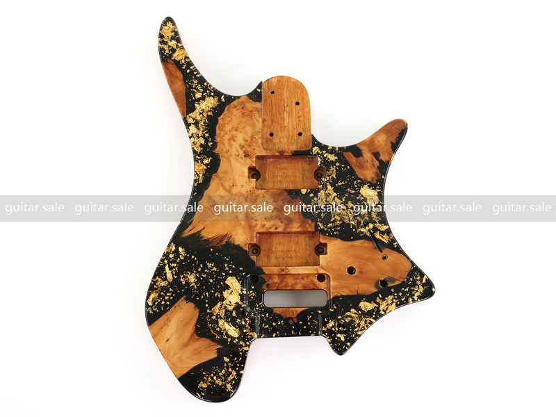 One-of-a-Kind Burl Wood Veneer Epoxy Resin Headless Electric Guitar Body (HBE-034)