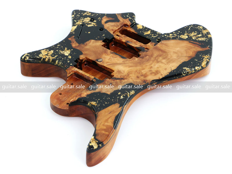 One-of-a-Kind Burl Wood Veneer Epoxy Resin Headless Electric Guitar Body (HBE-037)