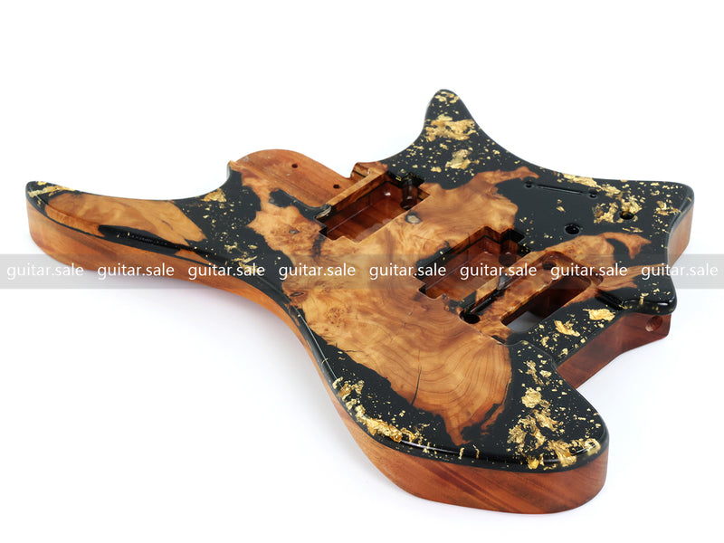 One-of-a-Kind Burl Wood Veneer Epoxy Resin Headless Electric Guitar Body (HBE-037)