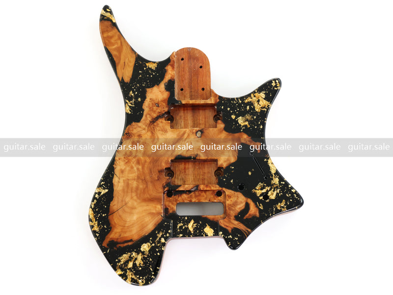 One-of-a-Kind Burl Wood Veneer Epoxy Resin Headless Electric Guitar Body (HBE-037)