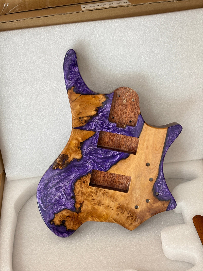 One-of-a-Kind Burl Wood Veneer Epoxy Resin 4 String Headless Electric Bass Guitar Body (H4B-002)