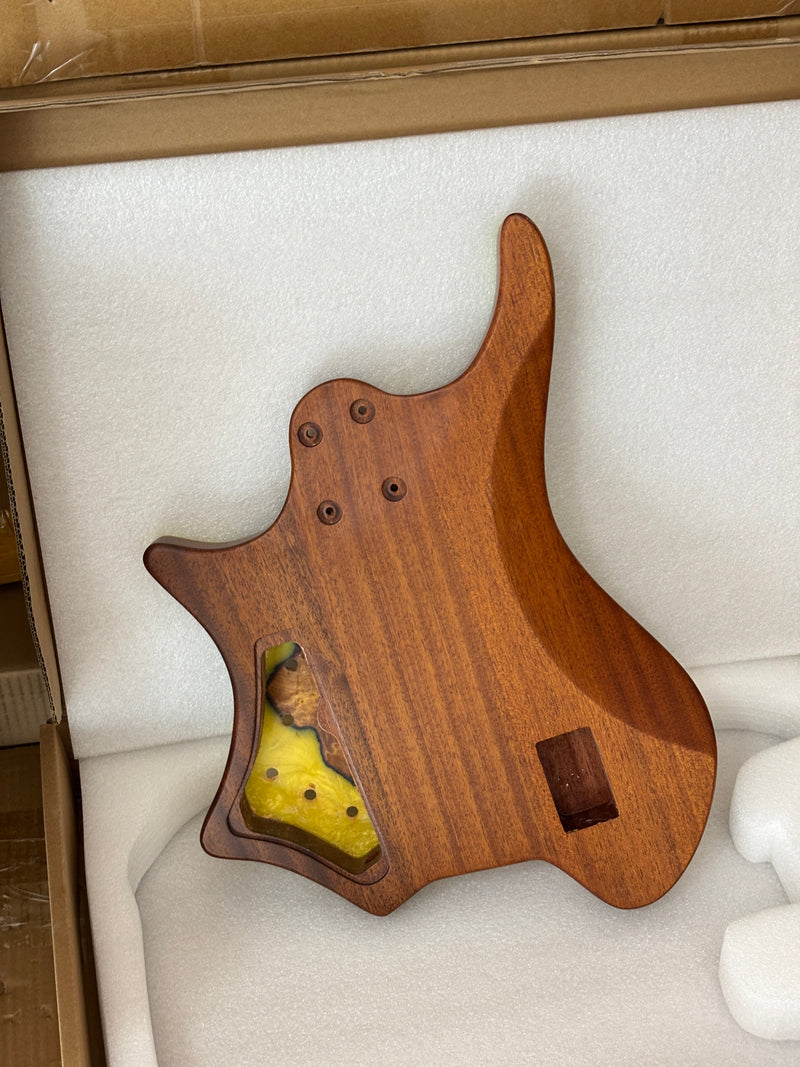 One-of-a-Kind Burl Wood Veneer Epoxy Resin 4 String Headless Electric Bass Guitar Body (H4B-003)