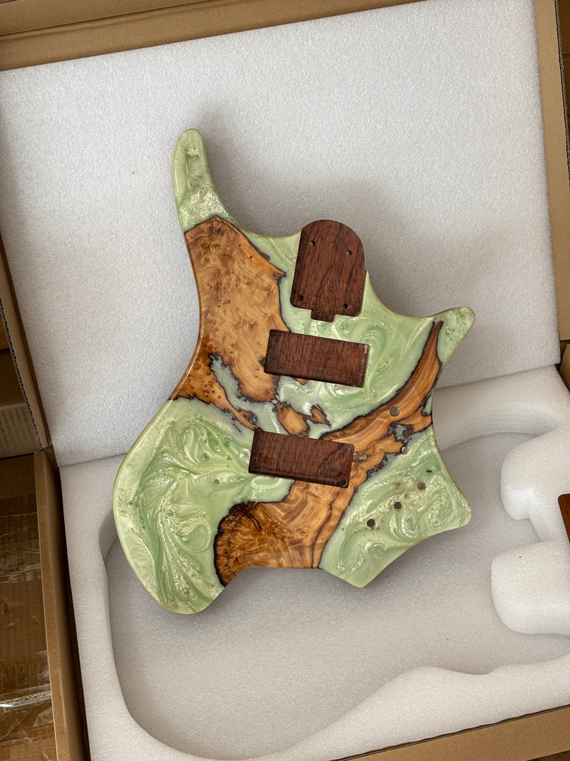 One-of-a-Kind Burl Wood Veneer Epoxy Resin 4 String Headless Electric Bass Guitar Body (H4B-004)