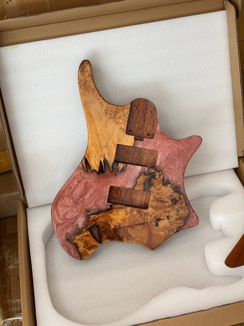 One-of-a-Kind Burl Wood Veneer Epoxy Resin 4 String Headless Electric Bass Guitar Body (H4B-005)