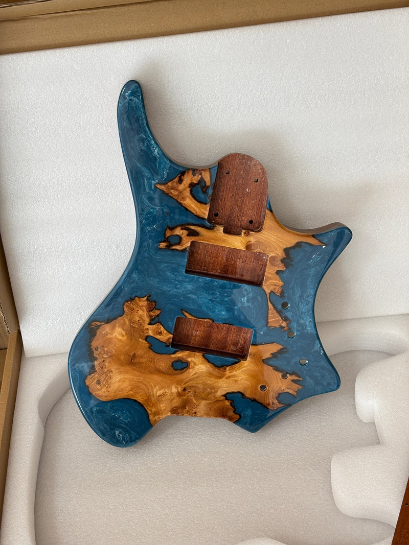One-of-a-Kind Burl Wood Veneer Epoxy Resin 4 String Headless Electric Bass Guitar Body (H4B-006)