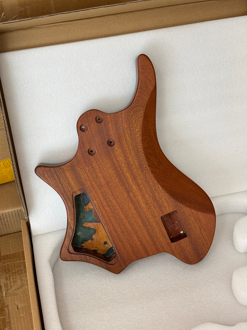 One-of-a-Kind Burl Wood Veneer Epoxy Resin 4 String Headless Electric Bass Guitar Body (H4B-006)