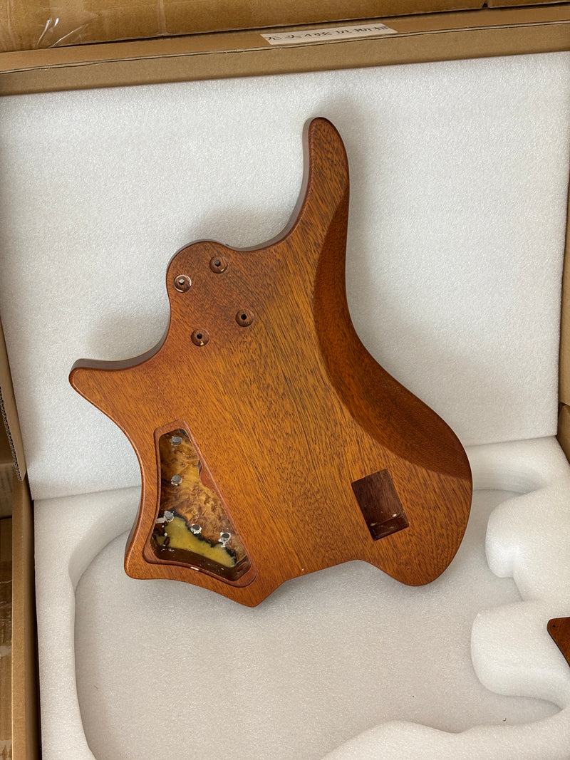One-of-a-Kind Burl Wood Veneer Epoxy Resin 4 String Headless Electric Bass Guitar Body (H4B-007)