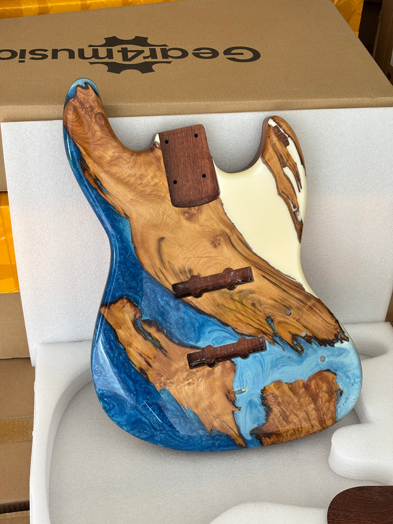 One-of-a-Kind Burl Wood Veneer Epoxy Resin Jazz Bass Style Electric Bass Guitar Body (JBE-003)