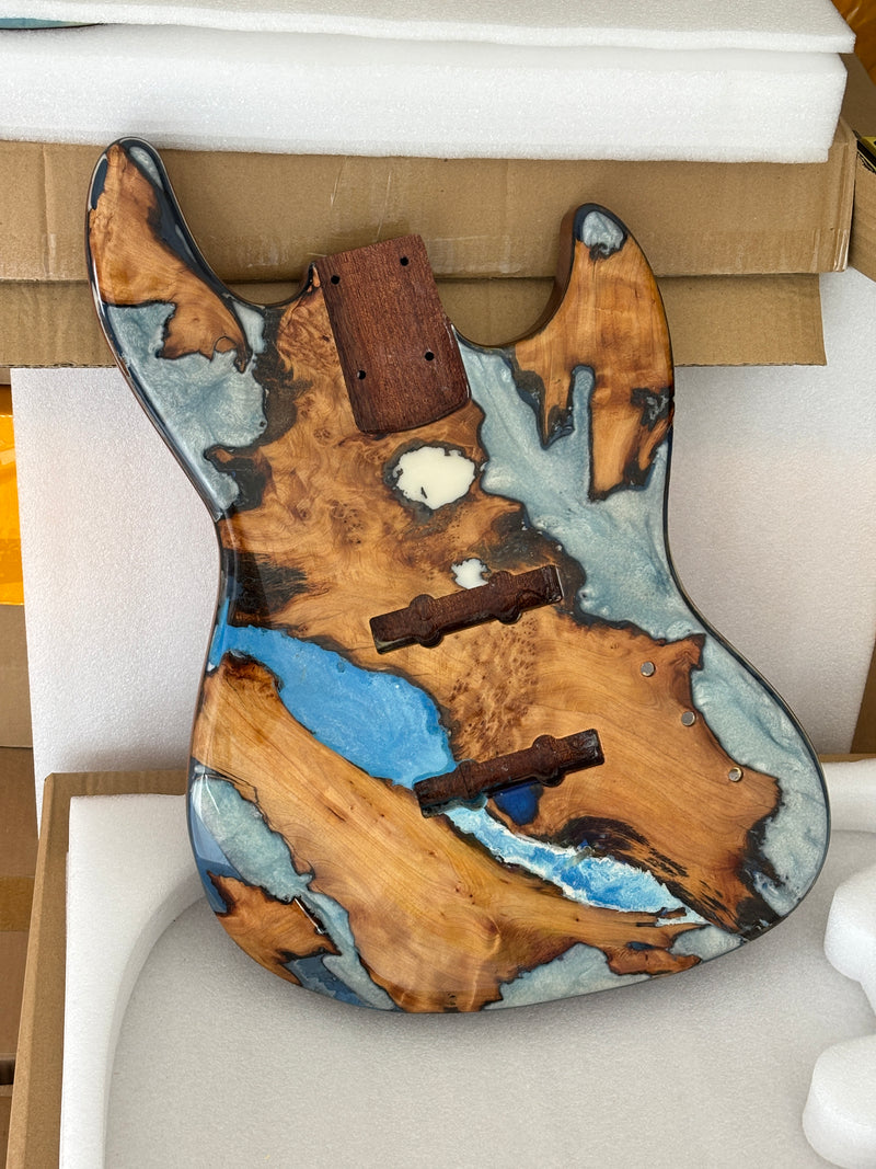 One-of-a-Kind Burl Wood Veneer Epoxy Resin Jazz Bass Style Electric Bass Guitar Body (JBE-004)