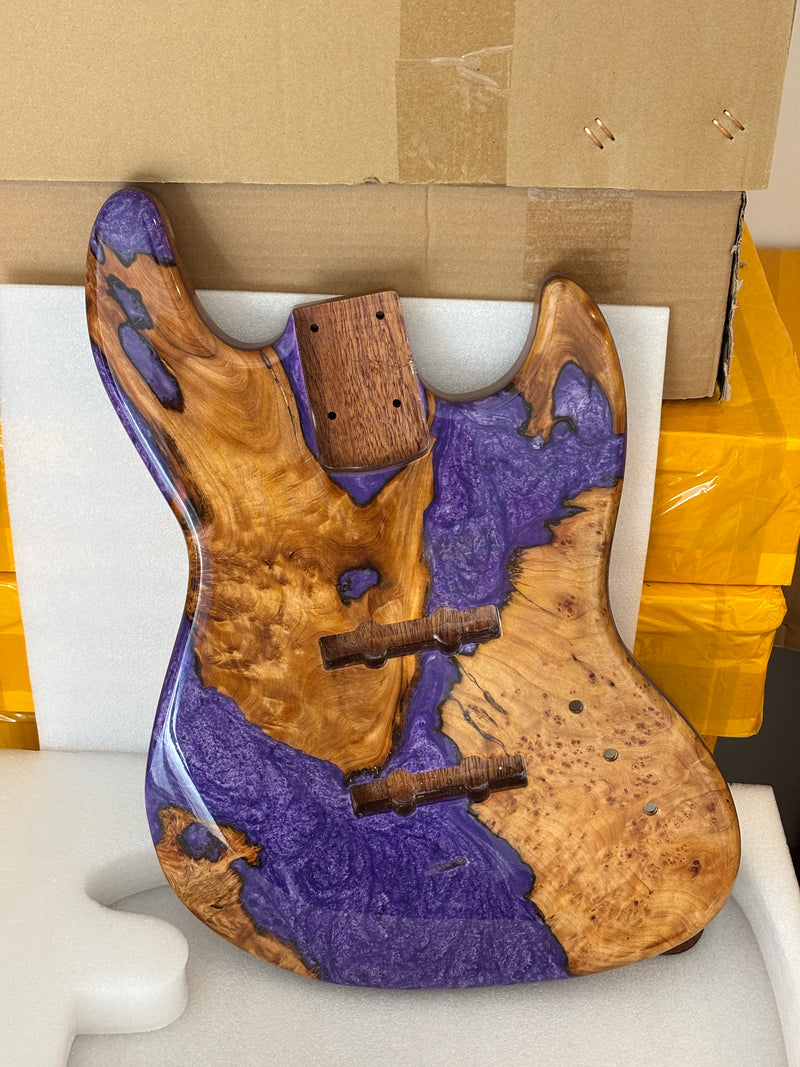 One-of-a-Kind Burl Wood Veneer Epoxy Resin Jazz Bass Style Electric Bass Guitar Body (JBE-007)
