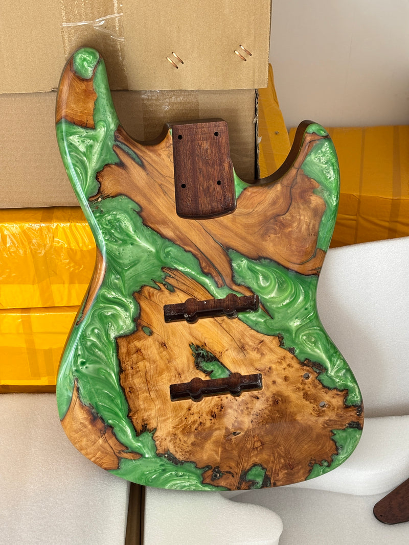 One-of-a-Kind Burl Wood Veneer Epoxy Resin Jazz Bass Style Electric Bass Guitar Body (JBE-008)
