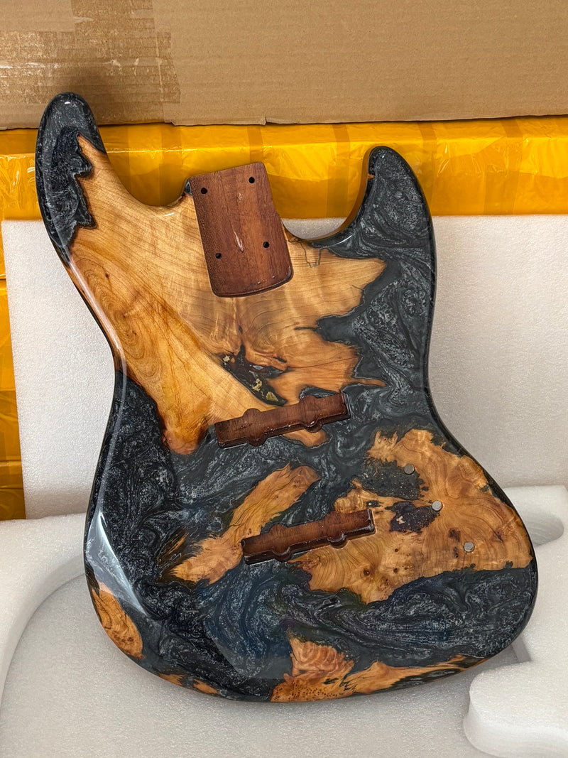 One-of-a-Kind Burl Wood Veneer Epoxy Resin Jazz Bass Style Electric Bass Guitar Body (JBE-010)