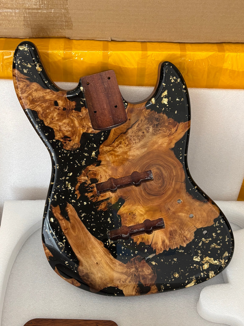 One-of-a-Kind Burl Wood Veneer Epoxy Resin Jazz Bass Style Electric Bass Guitar Body (JBE-011)