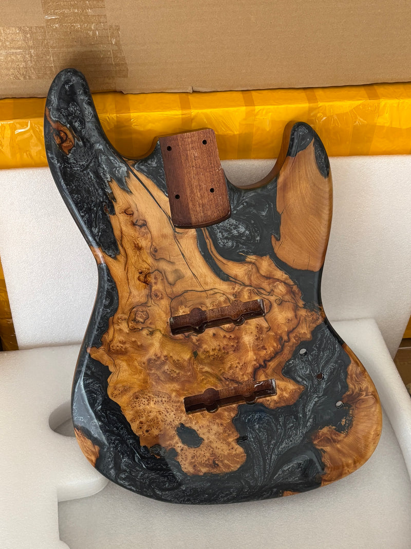 One-of-a-Kind Burl Wood Veneer Epoxy Resin Jazz Bass Style Electric Bass Guitar Body (JBE-015)