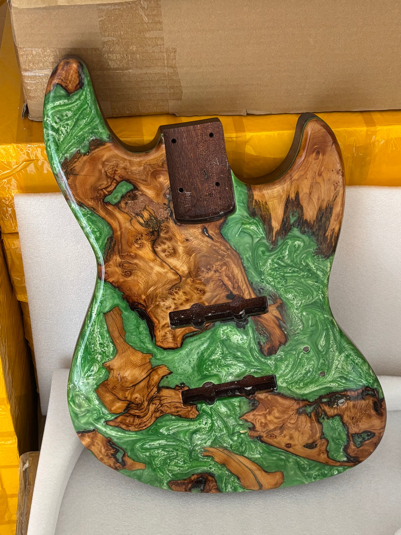 One-of-a-Kind Burl Wood Veneer Epoxy Resin Jazz Bass Style Electric Bass Guitar Body (JBE-016)