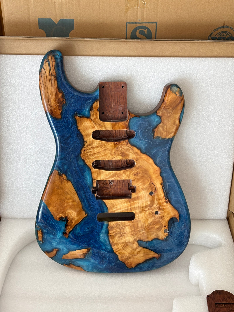 One-of-a-Kind Burl Wood Veneer Epoxy Resin ST Style Electric Guitar Body (SBE-032)