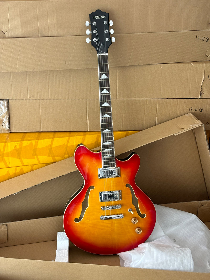 6-String Semi-Hollow Body Electric Guitar with Gloss Orange Sunburst Finish (PHY-119)